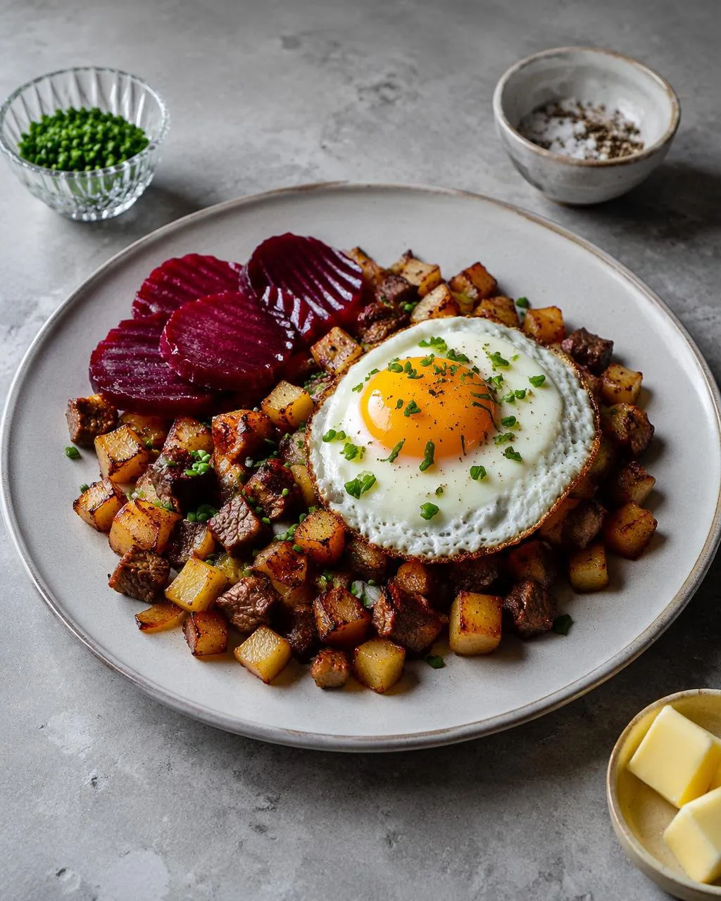 Pyttipanna med stekt ägg och rödbetor
