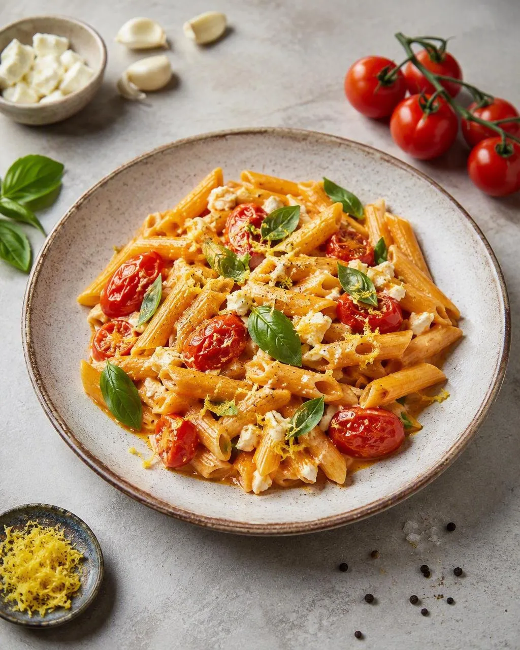 Fetaostpasta med tomat i ugn