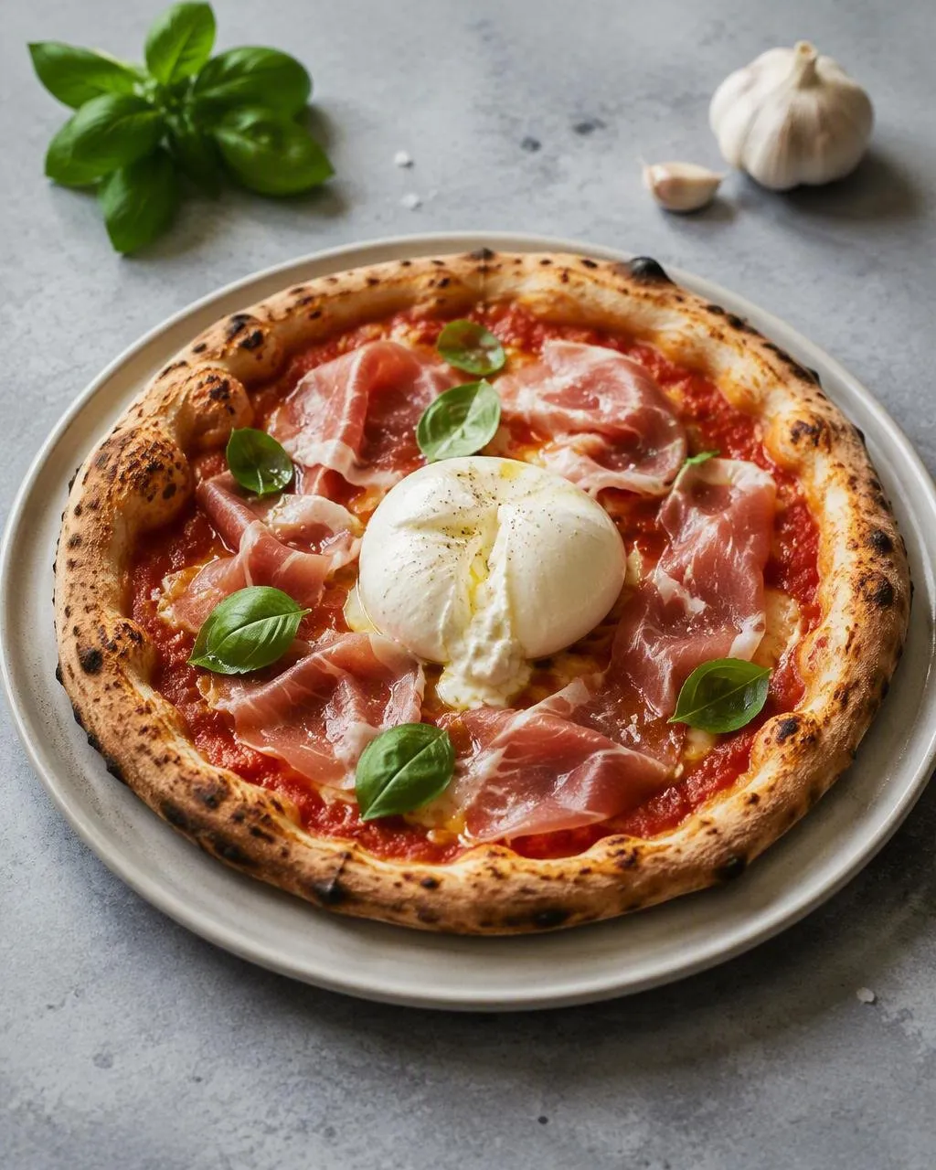 Pizza med burrata och prosciutto