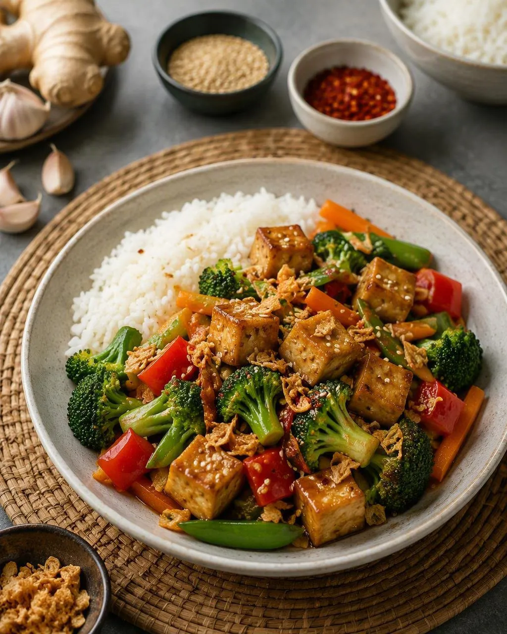 Thailändsk grönsakswok med tofu