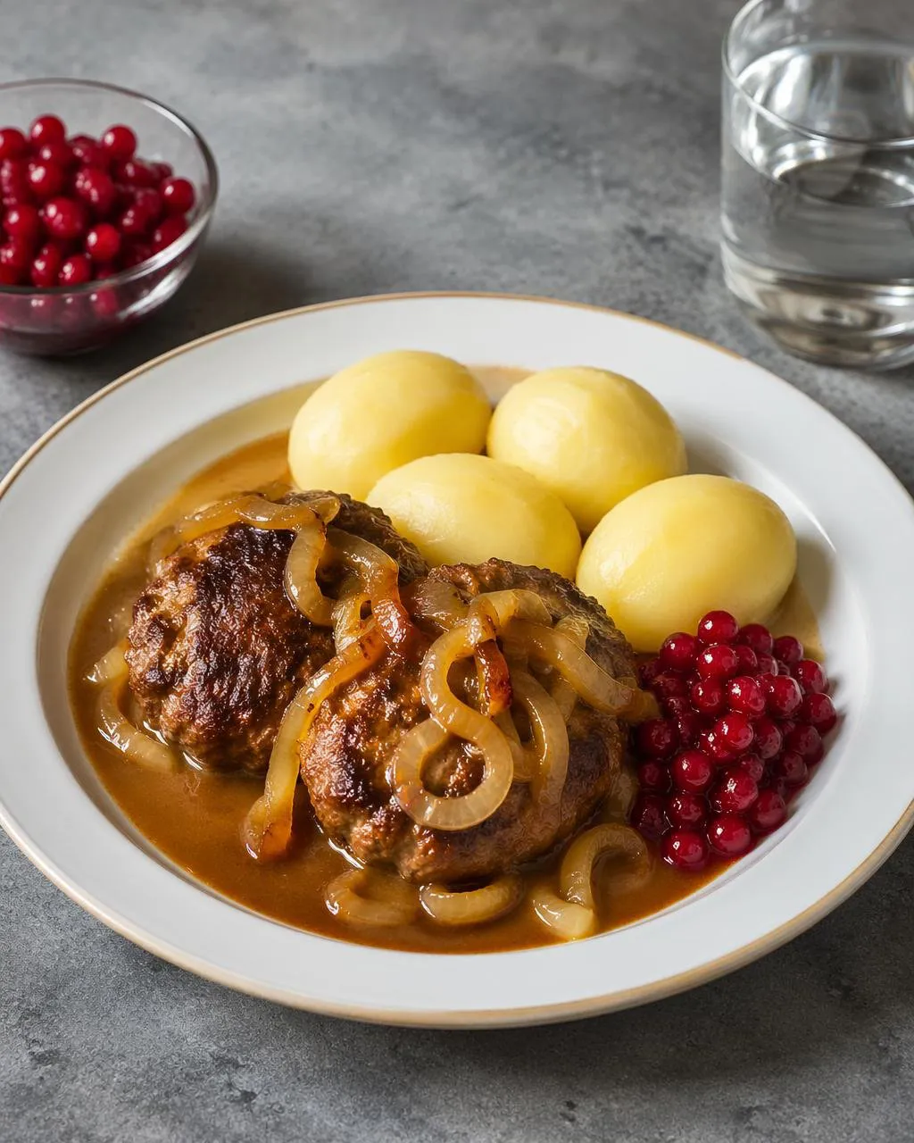 Köttfärsbiffar med stekt lök och brunsås