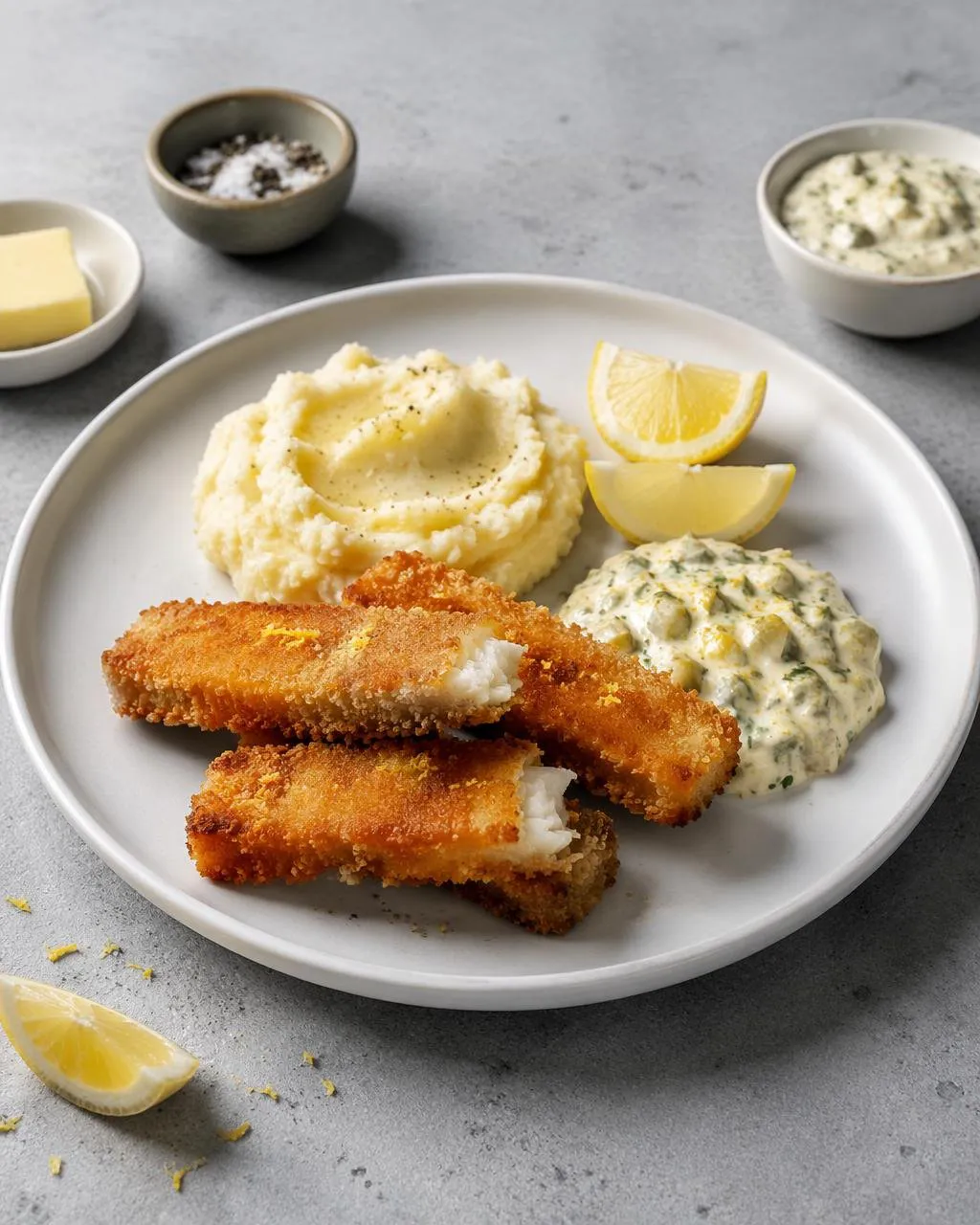 Fiskpinnar med potatismos och remoulad