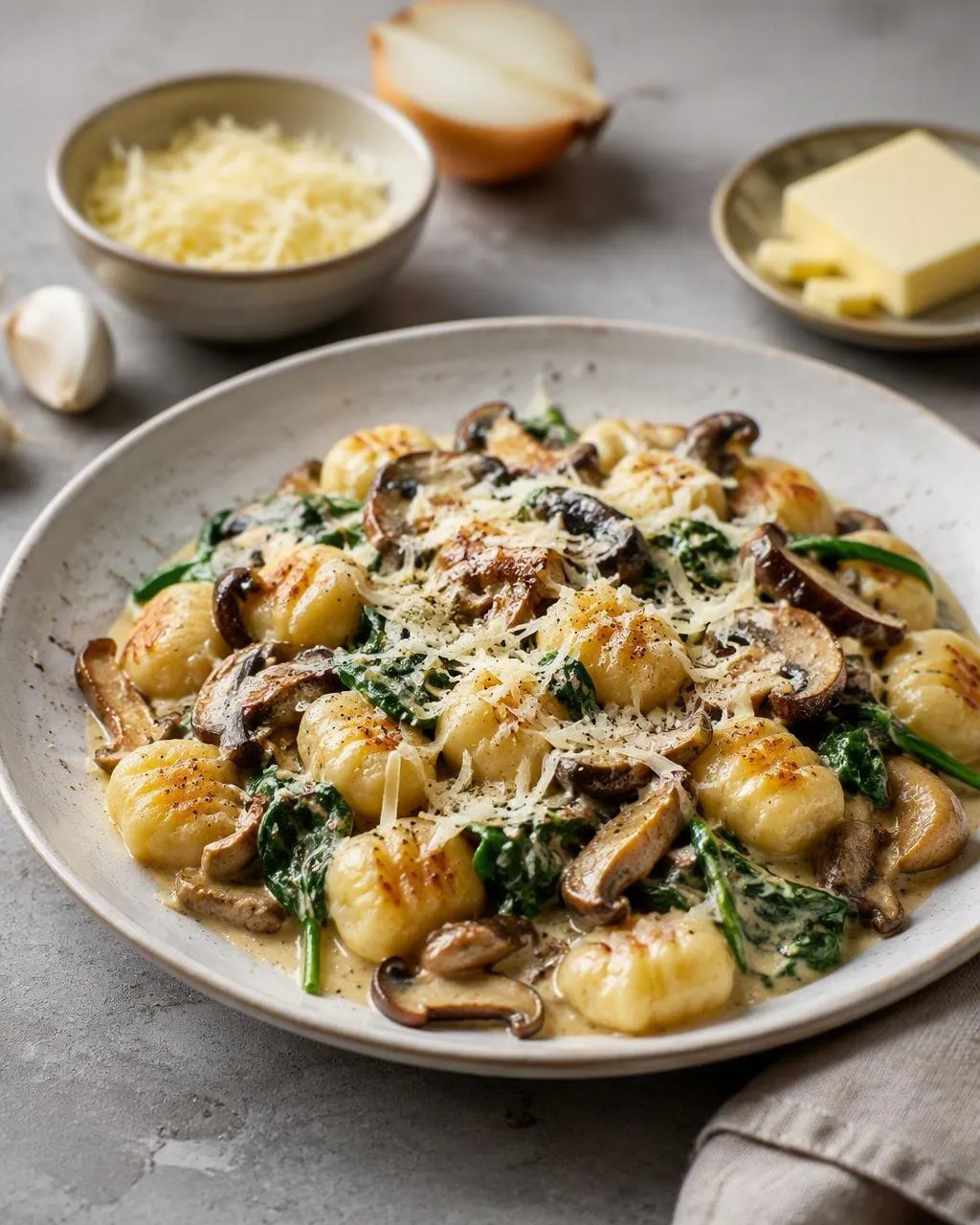 Gnocchi med svamp och spenat