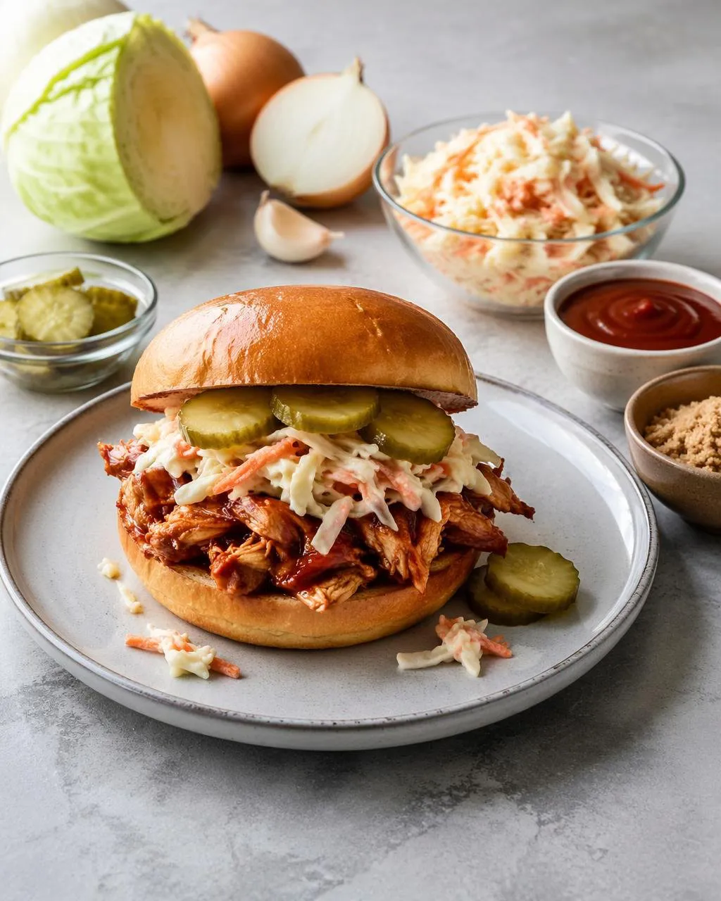 Pulled chicken-sandwich med coleslaw