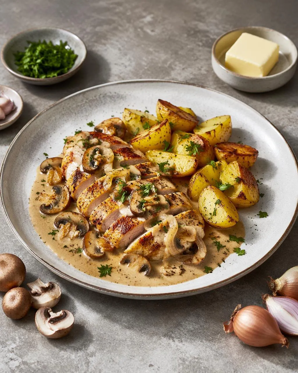 Kycklingfilé med svampsås och rostad potatis