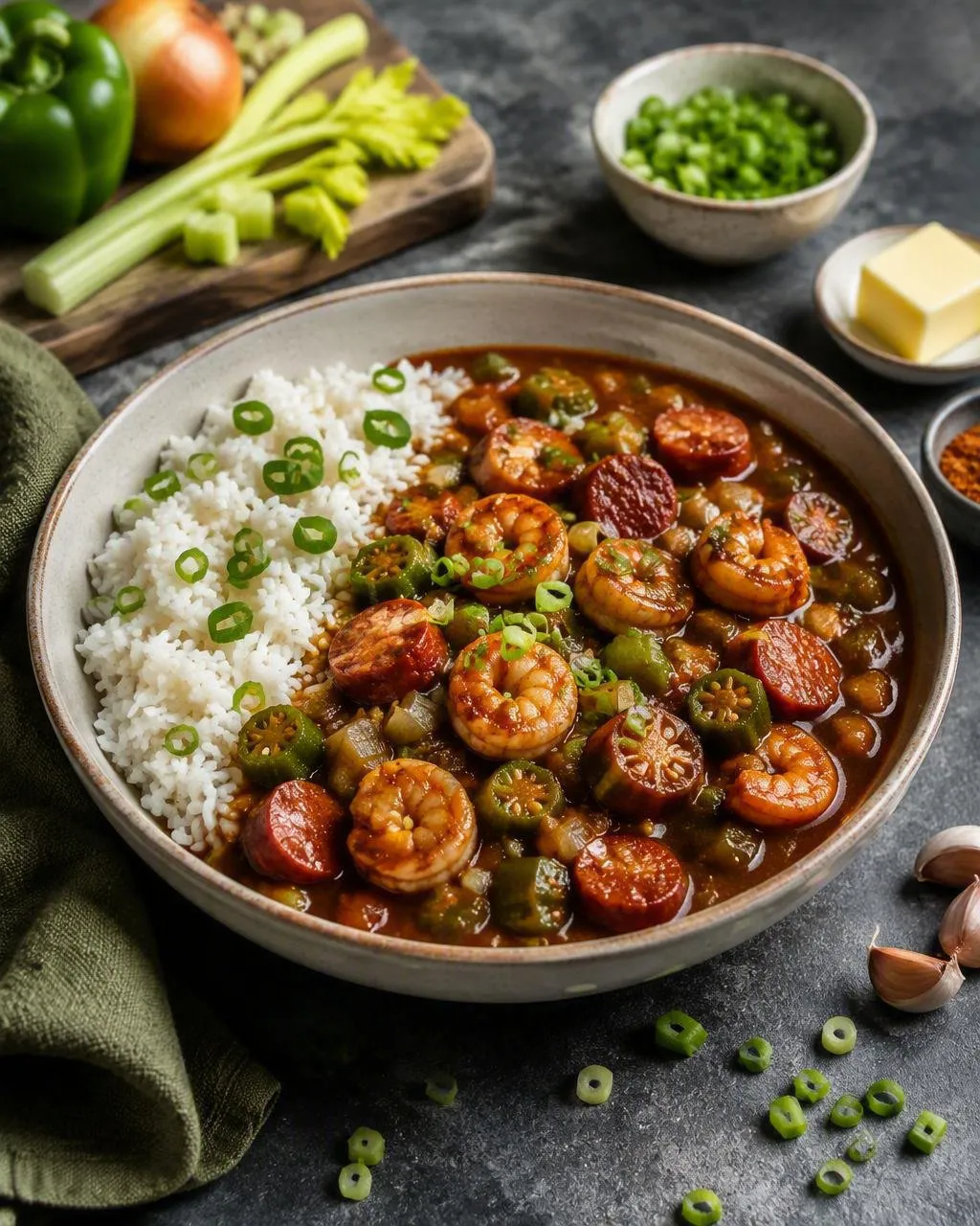 Gumbo med räkor och korv