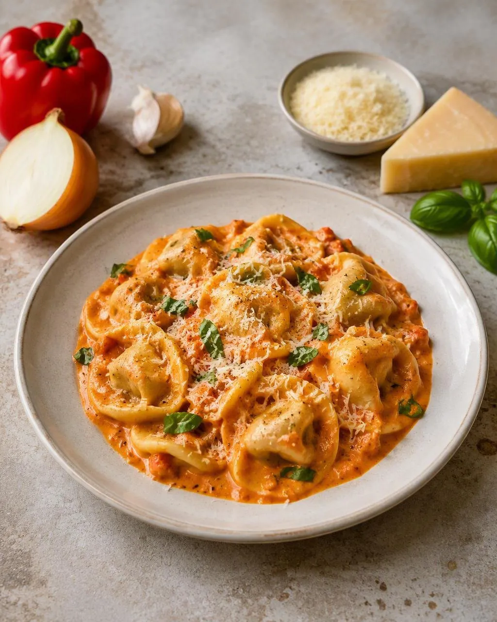 Fylld pasta i paprikasås