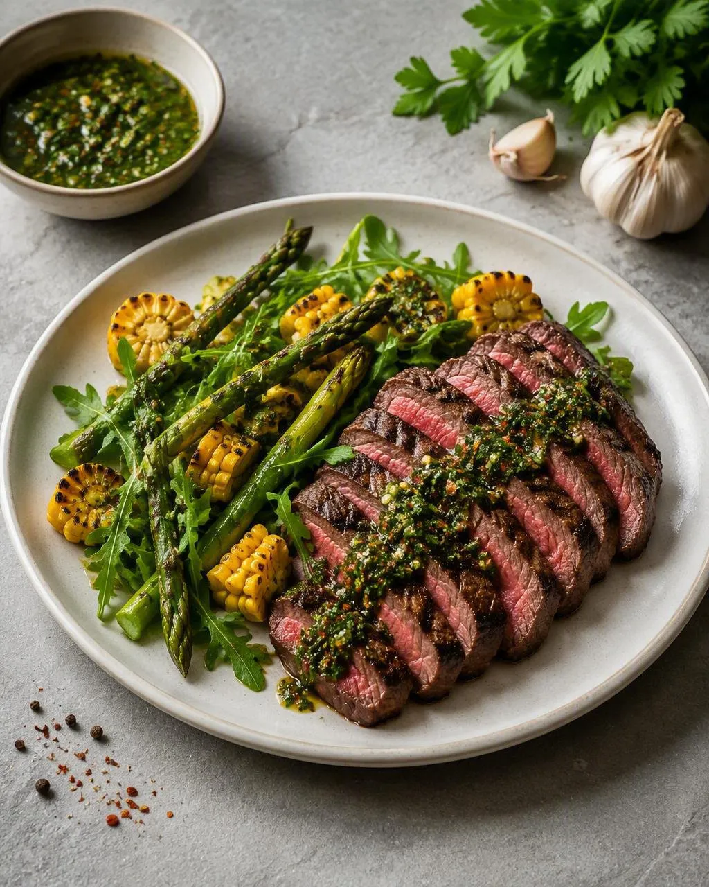 Grillad flankstek med majs- och sparrissallad och chimichurri