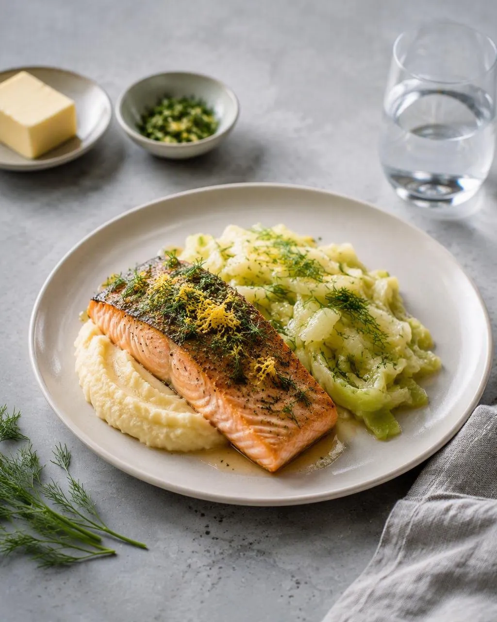 Citron- och dillbakad lax med potatispuré