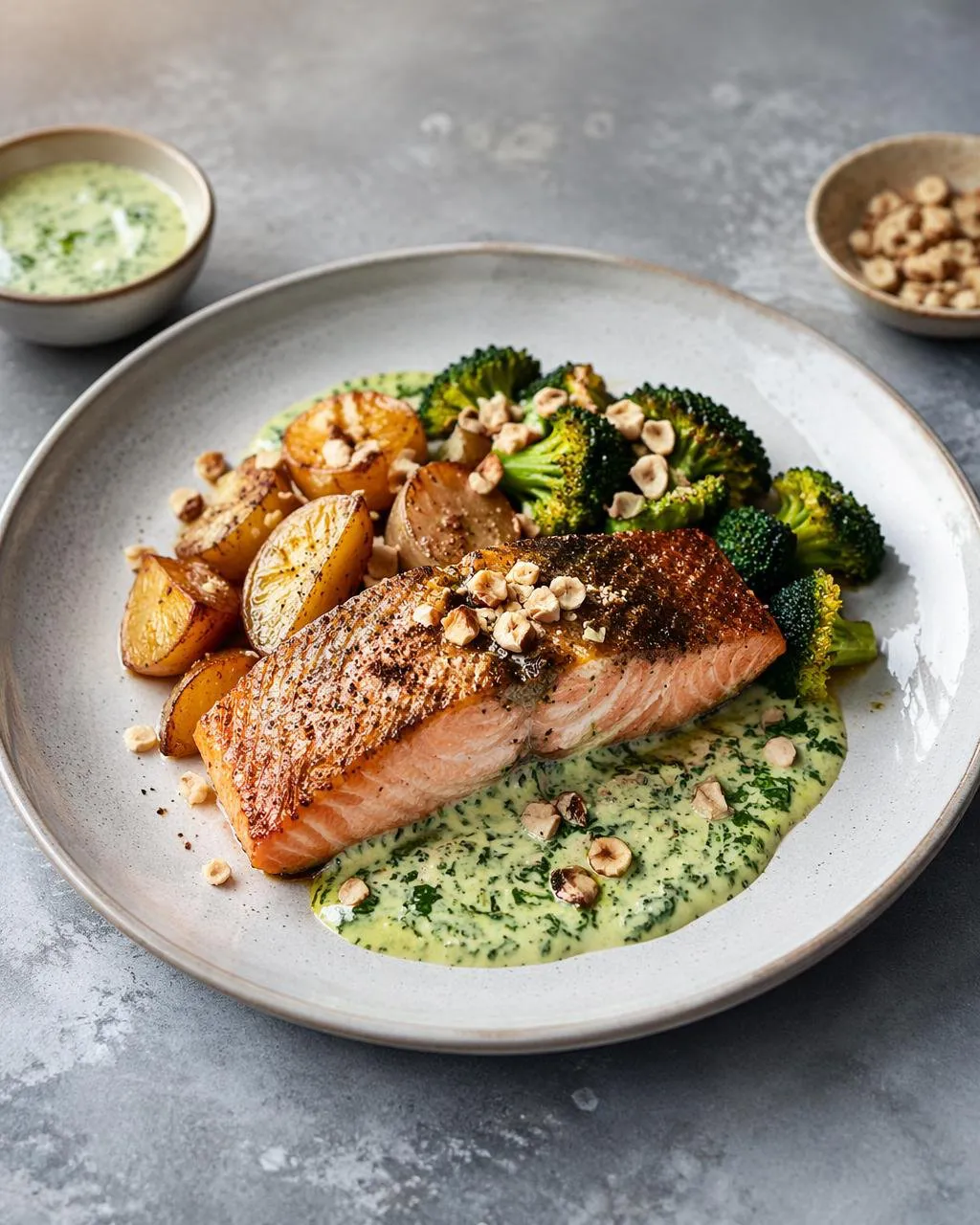 Stekt lax med rostad potatis, broccoli och örtsås