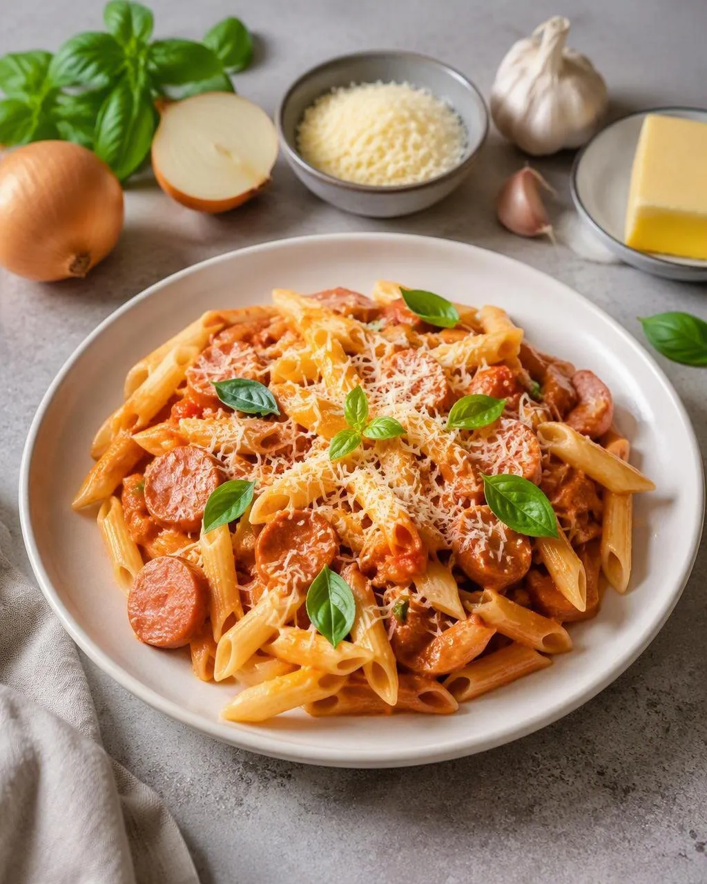 Krämig korvpasta med tomat och basilika