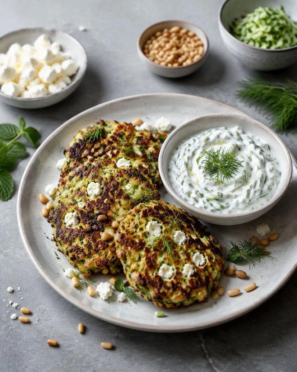 Grekiska zucchinibiffar med feta och tzatziki