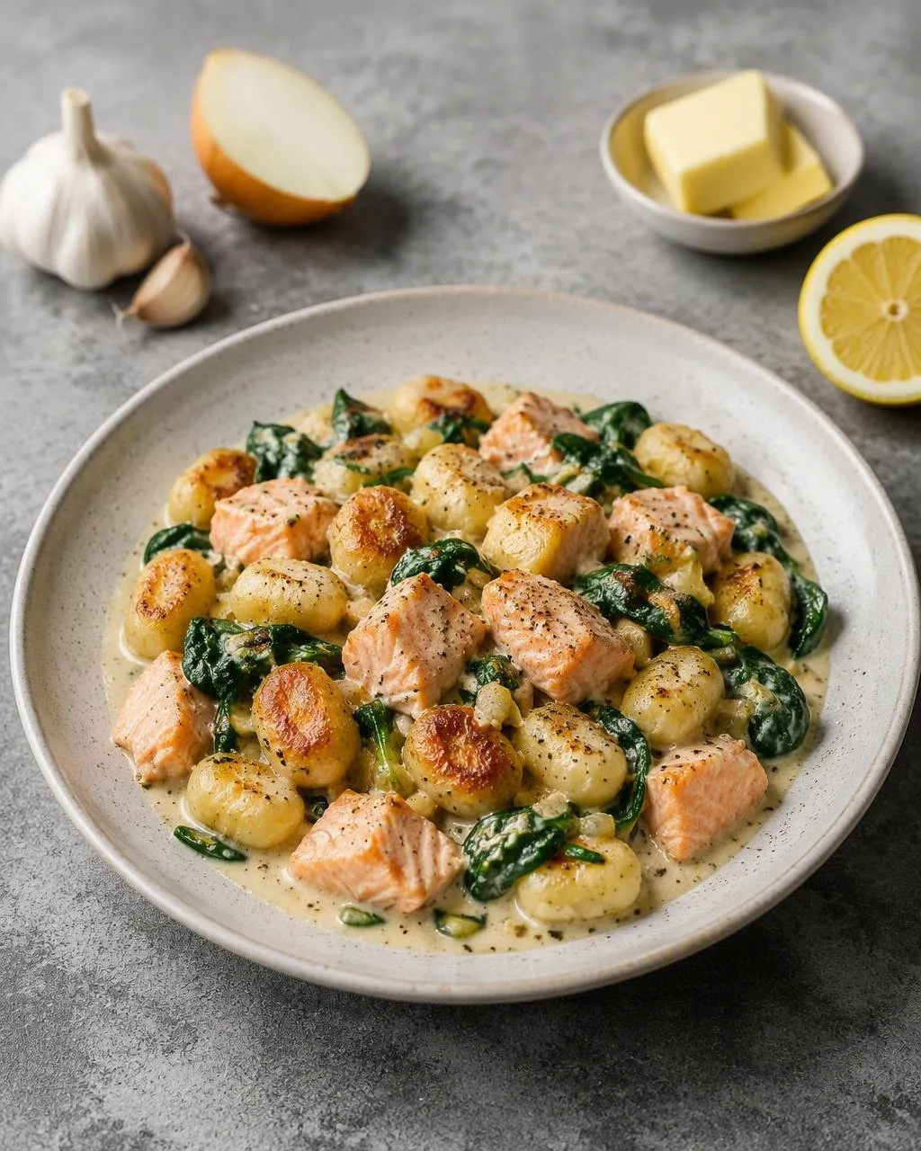 Stekt gnocchi med lax och spenat