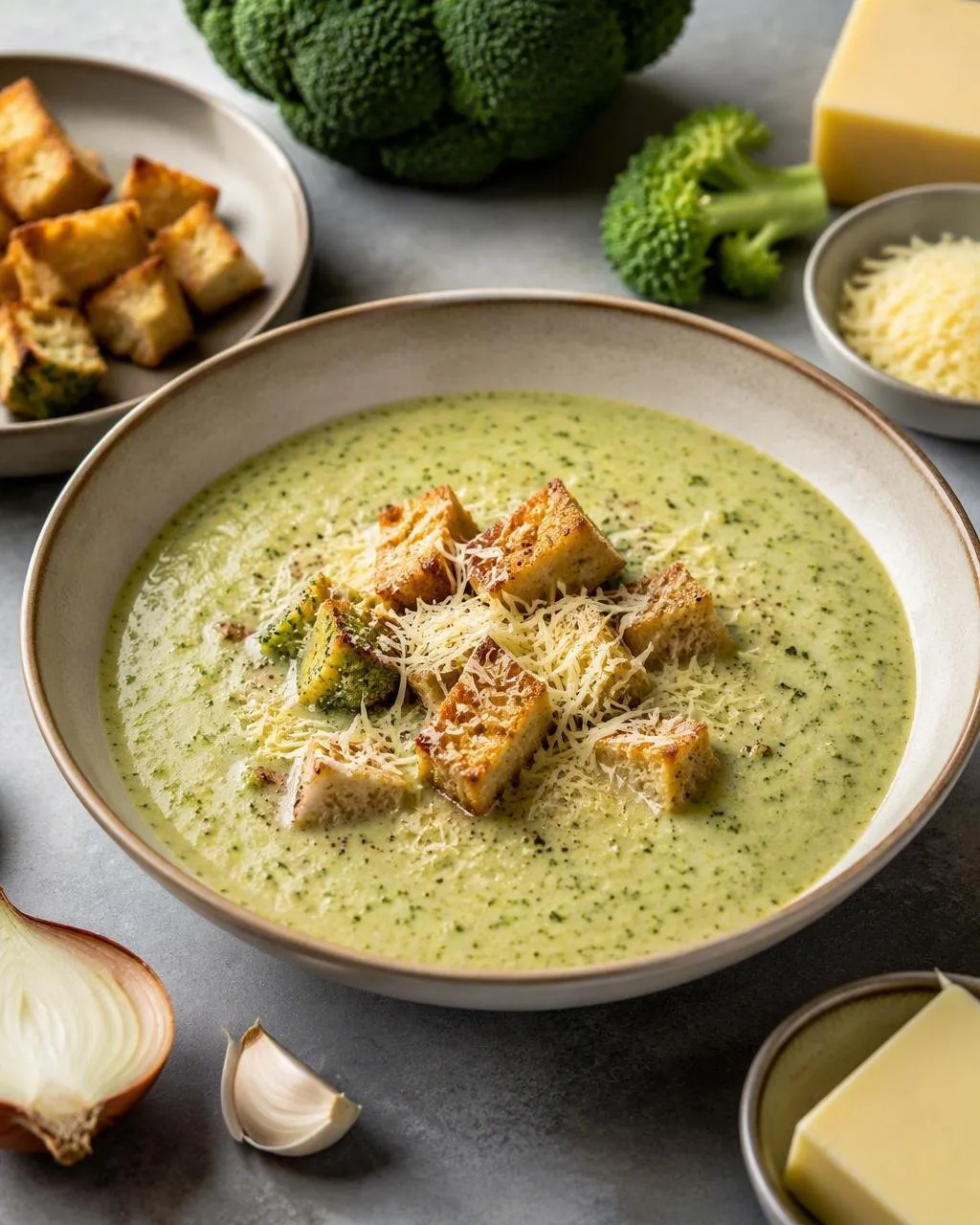 Krämig broccolisoppa med smörkrutonger