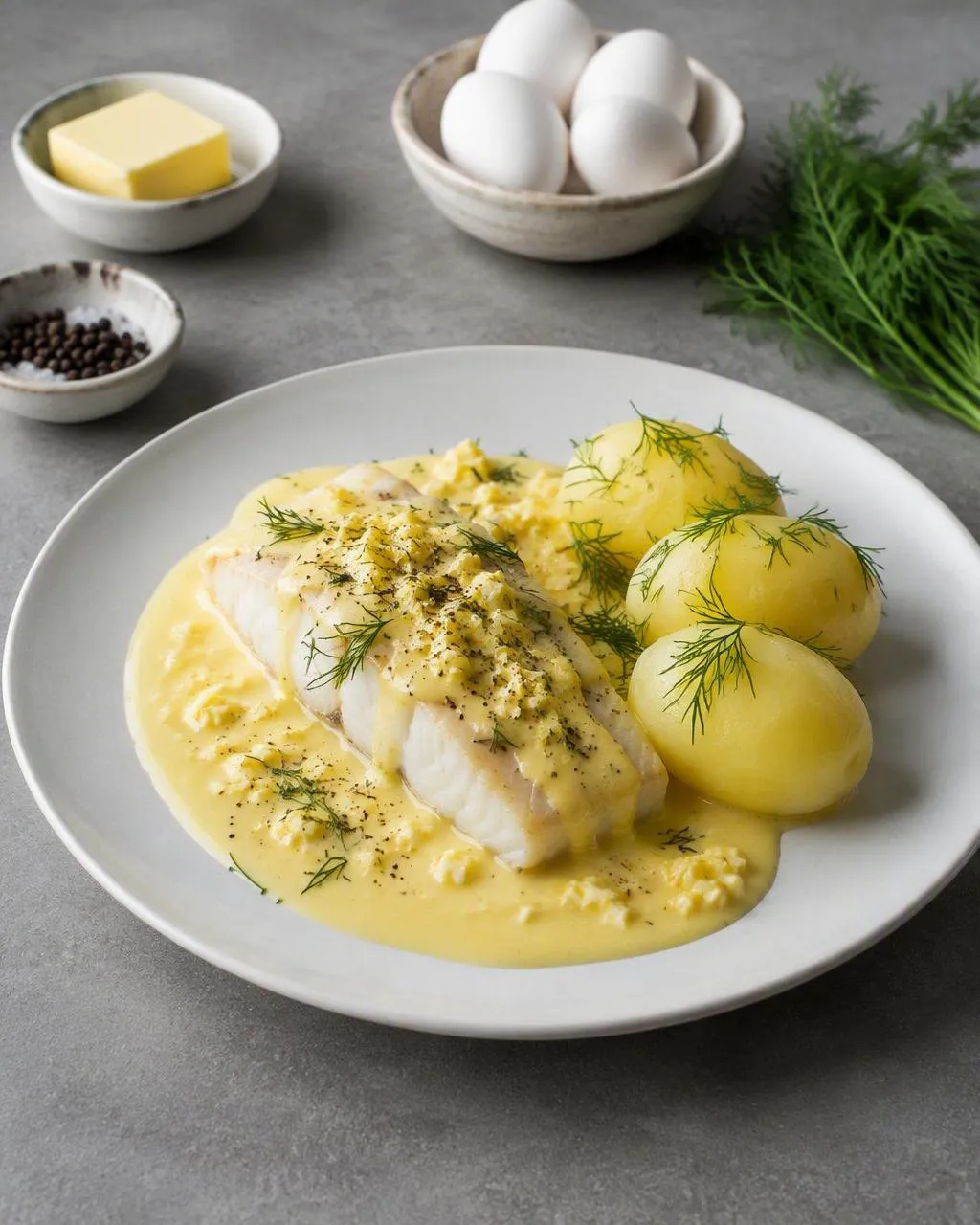 Sej med äggsås och kokt potatis