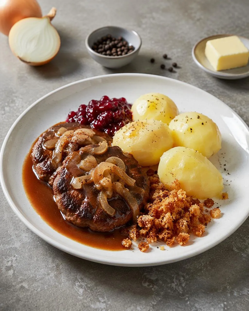 Pannbiff med lingonsky och kokt potatis