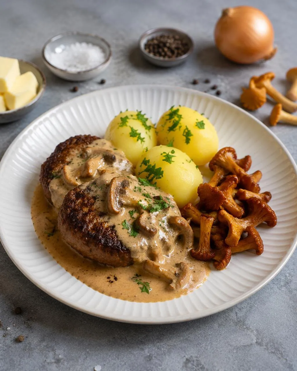 Pannbiff med kantarellsås