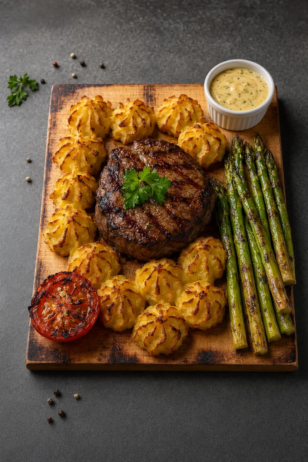 Plankstek med duchessepotatis