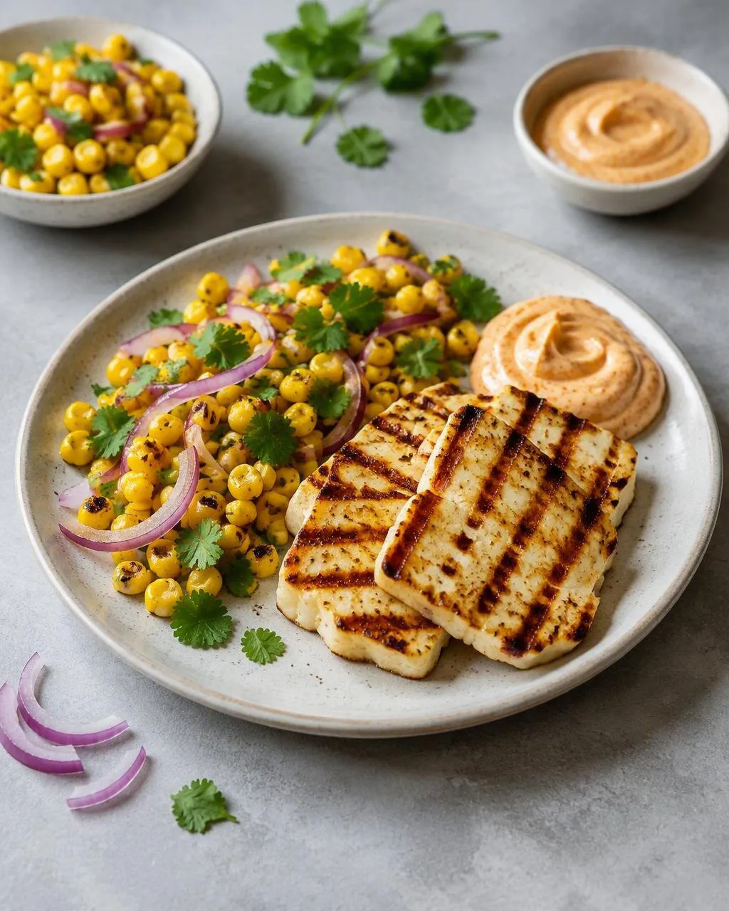 Grillad halloumi med grillad majssallad och chipotlemajo