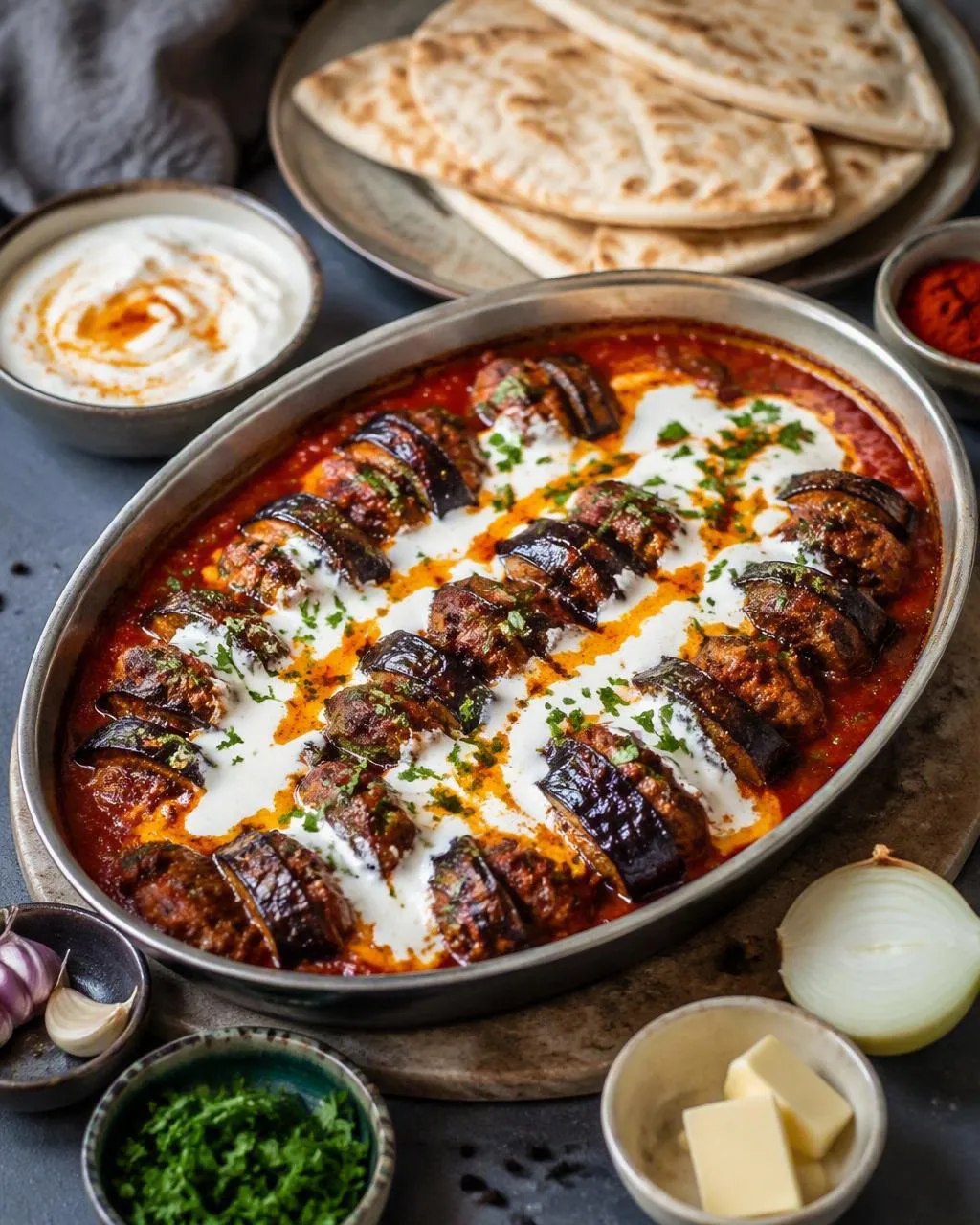 Turkisk färs- och auberginekebab i ugn