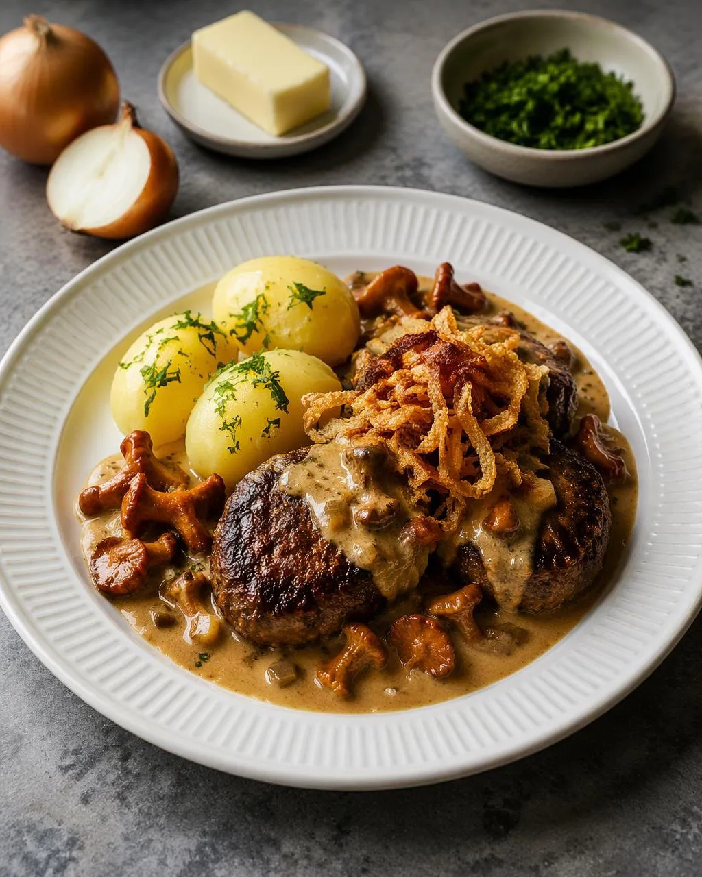 Pannbiffar med kantarellsås