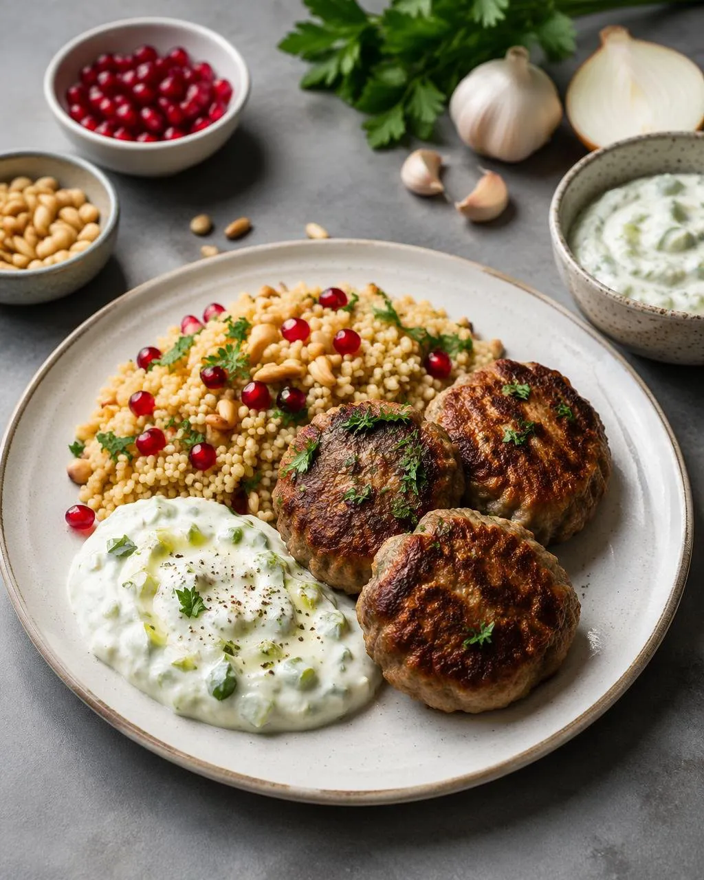 Kalkonfärsbiffar med tzatziki och bulgur
