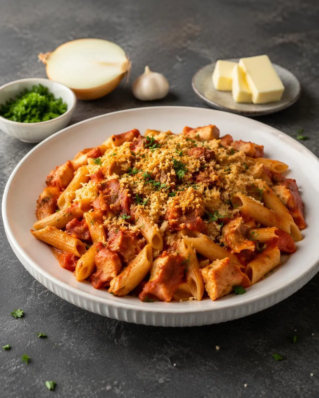 Kyckling- och baconpasta i tomatsås
