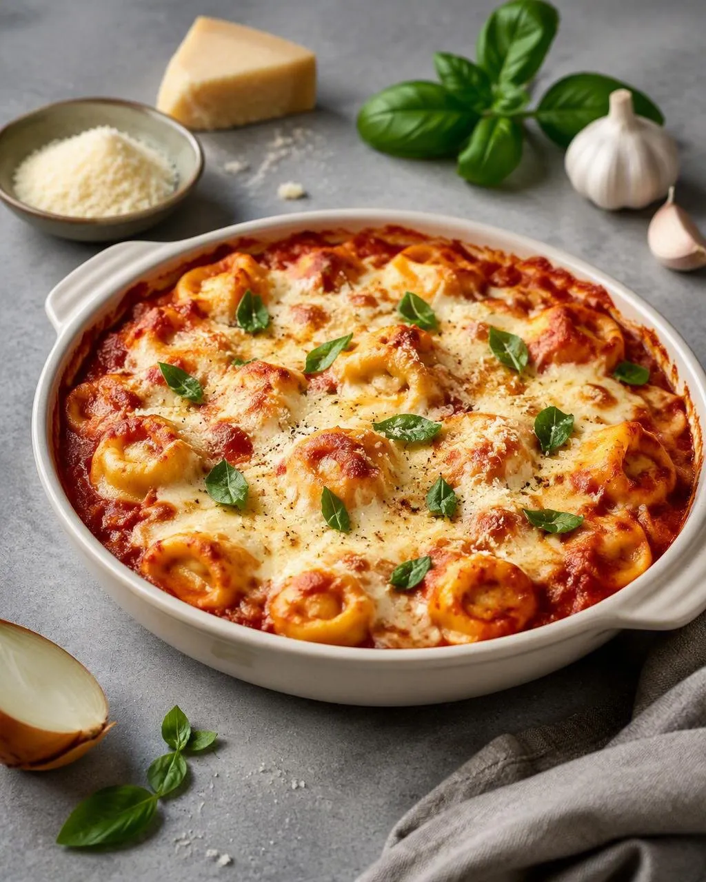 Tortellinigratäng med tomat och mozzarella