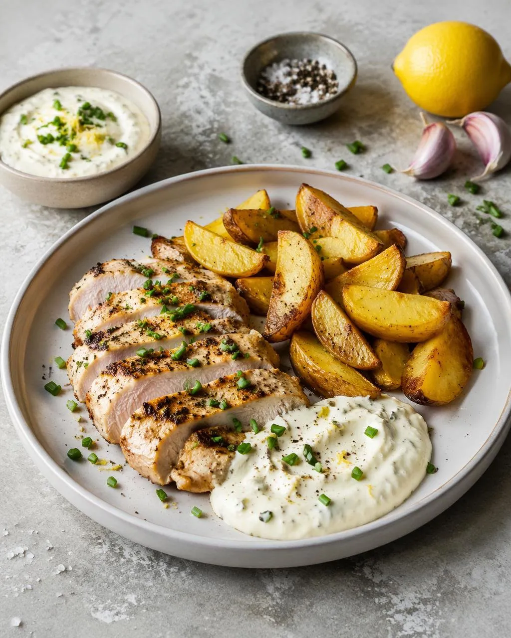 Kyckling med klyftpotatis och vitlökssås