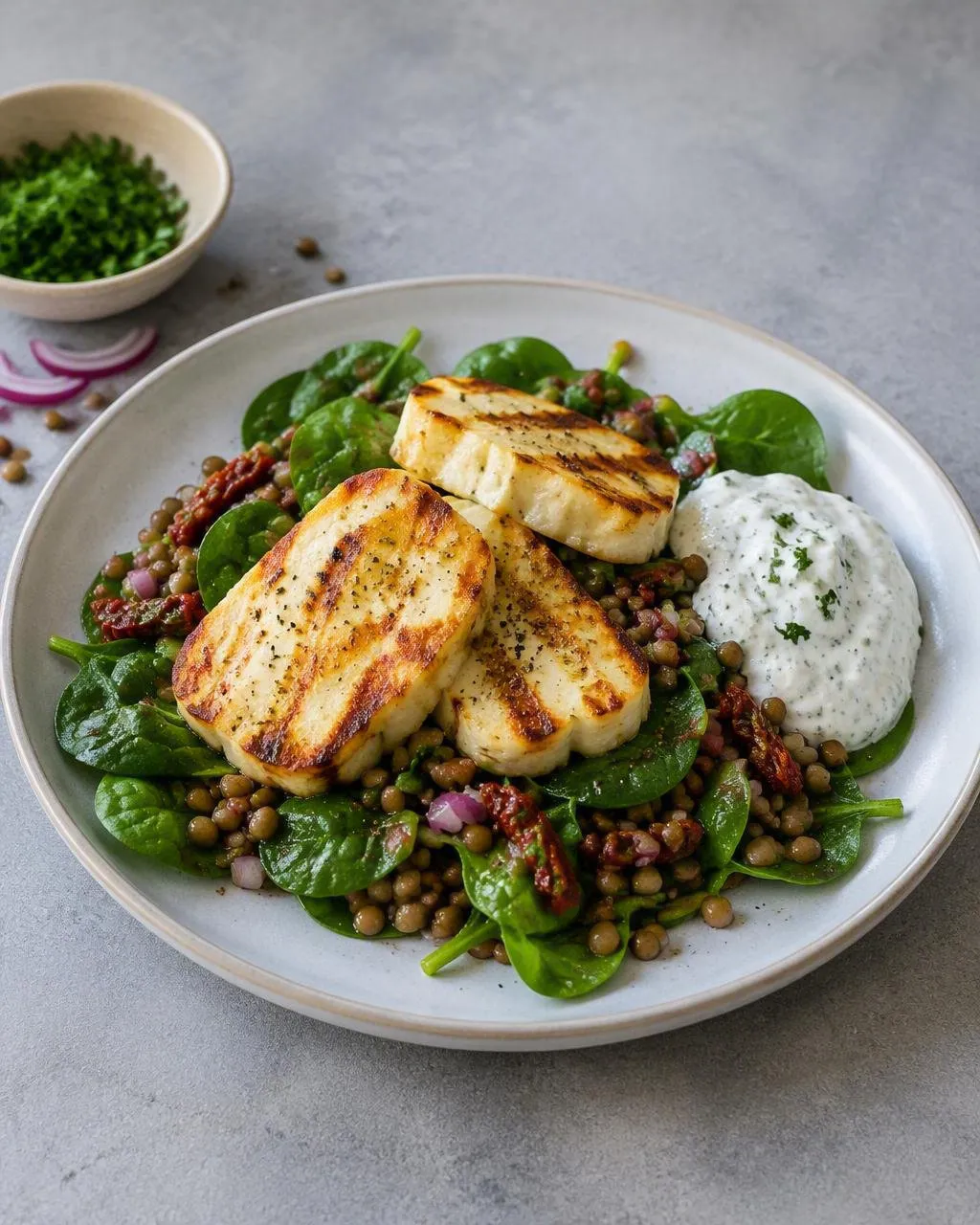 Grillad halloumi med linssallad och örtyoghurt