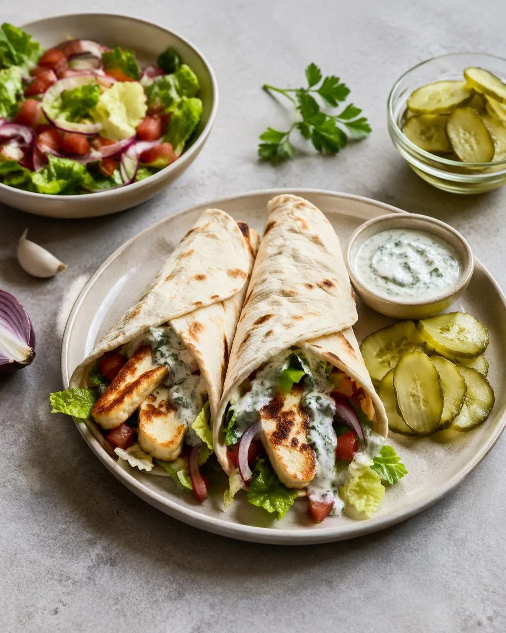 Halloumirullar med örtig yoghurtsås och sallad