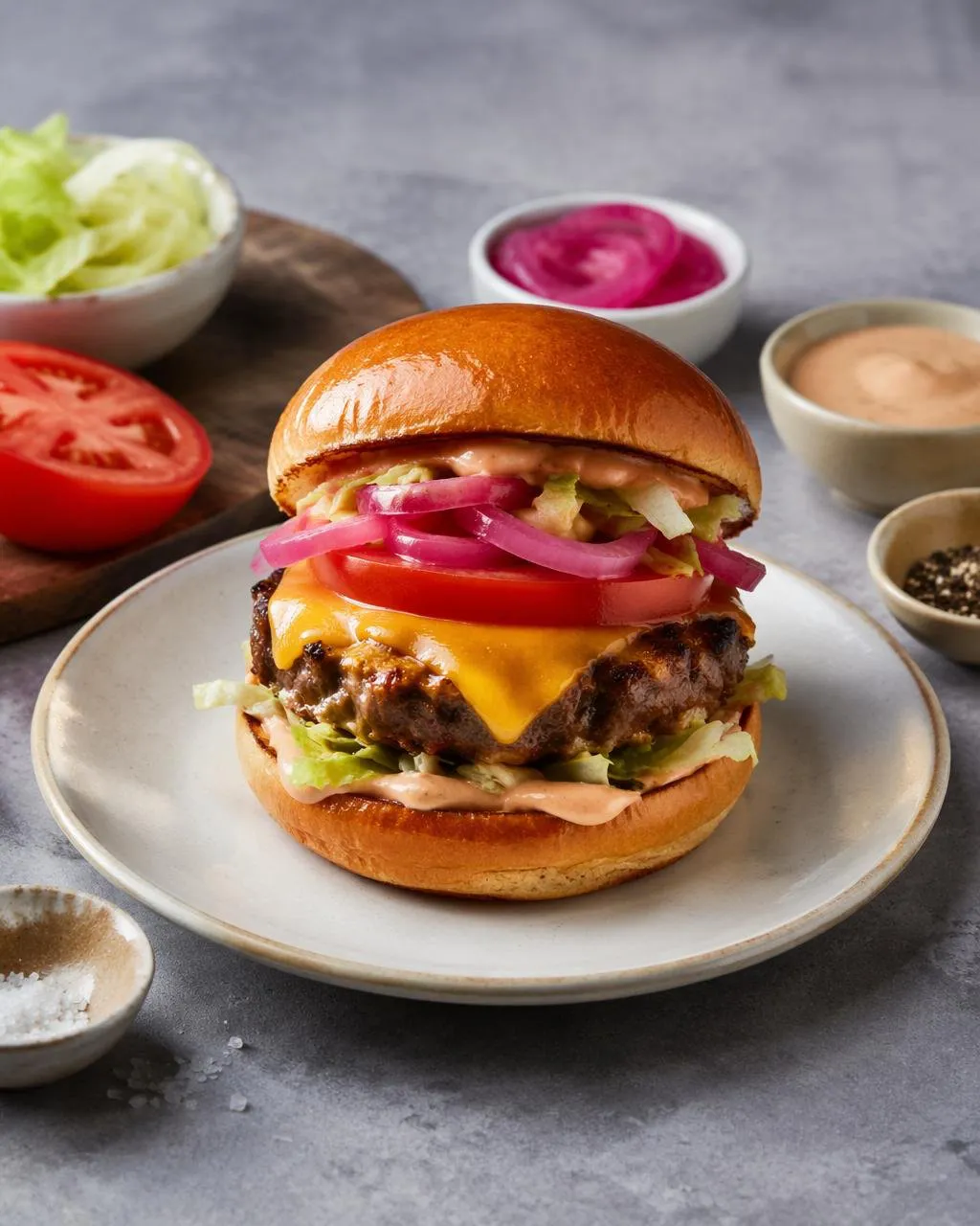 Hamburgare med cheddar och dressing