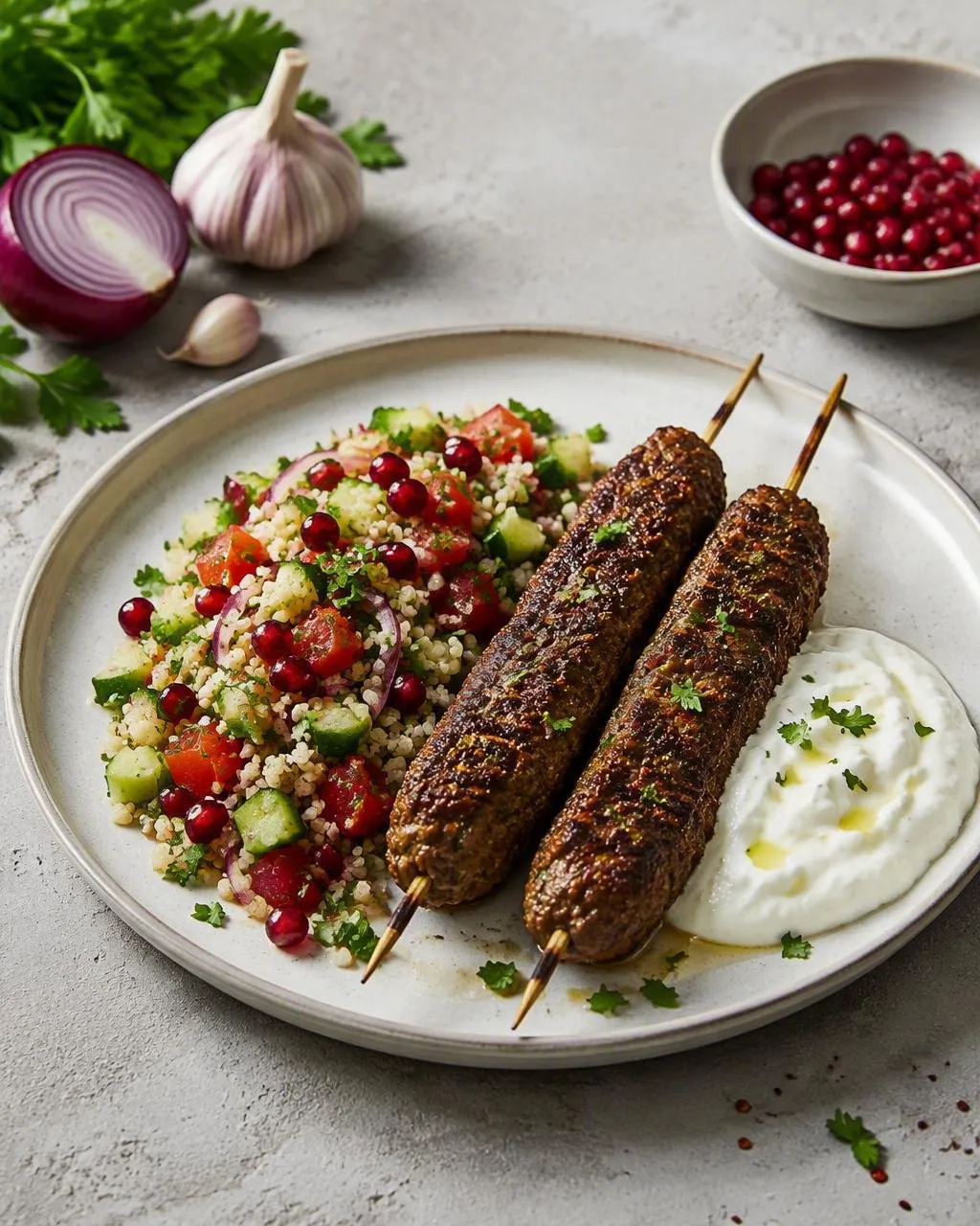 Grillade köfte med bulgursallad och vitlöksyoghurt