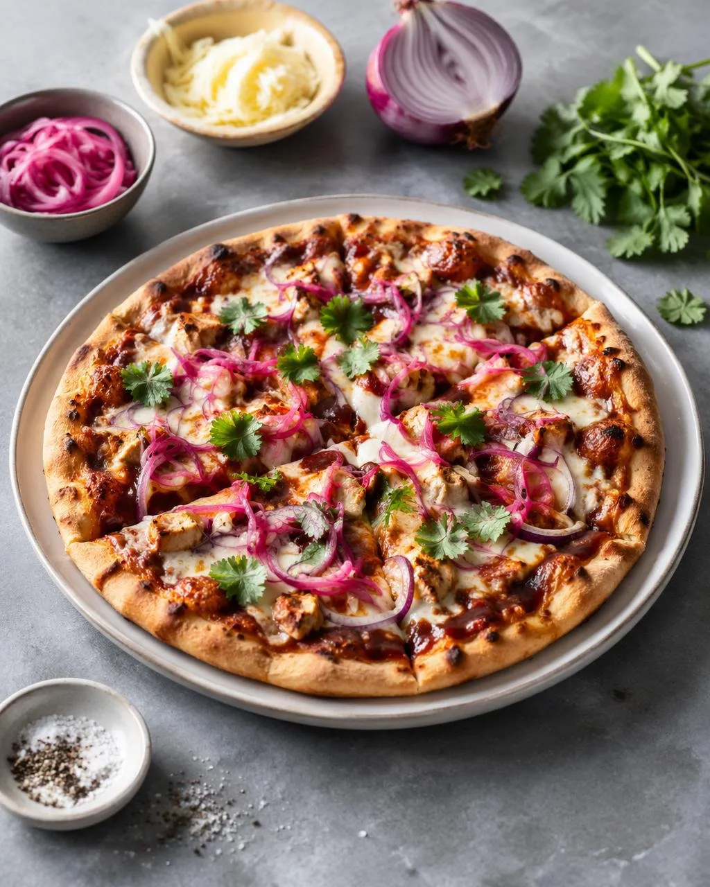 BBQ-kycklingpizza med rödlök
