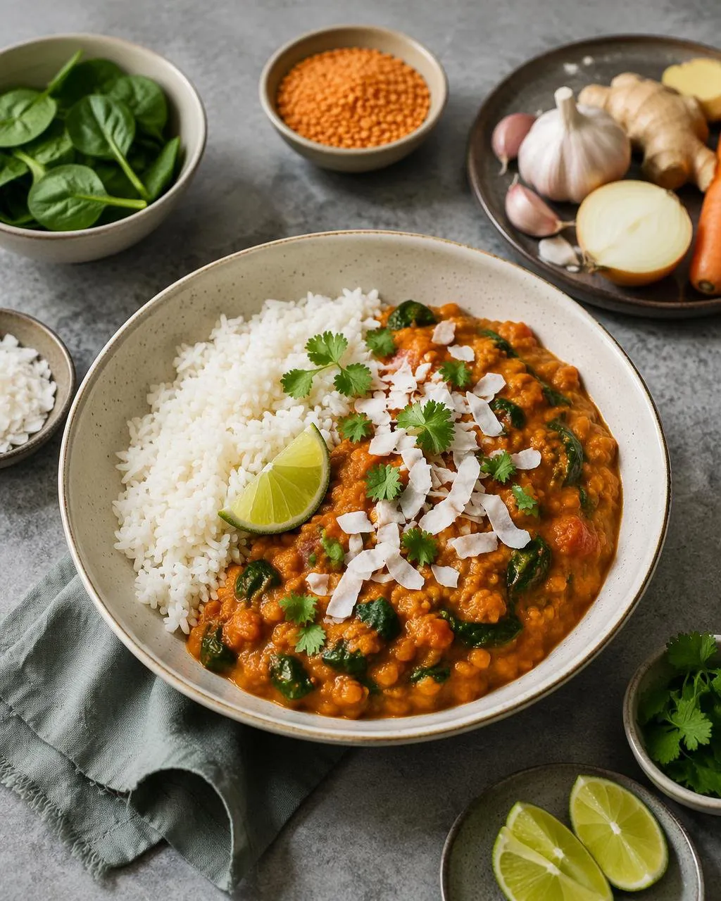 Linsgryta med röd curry och spenat