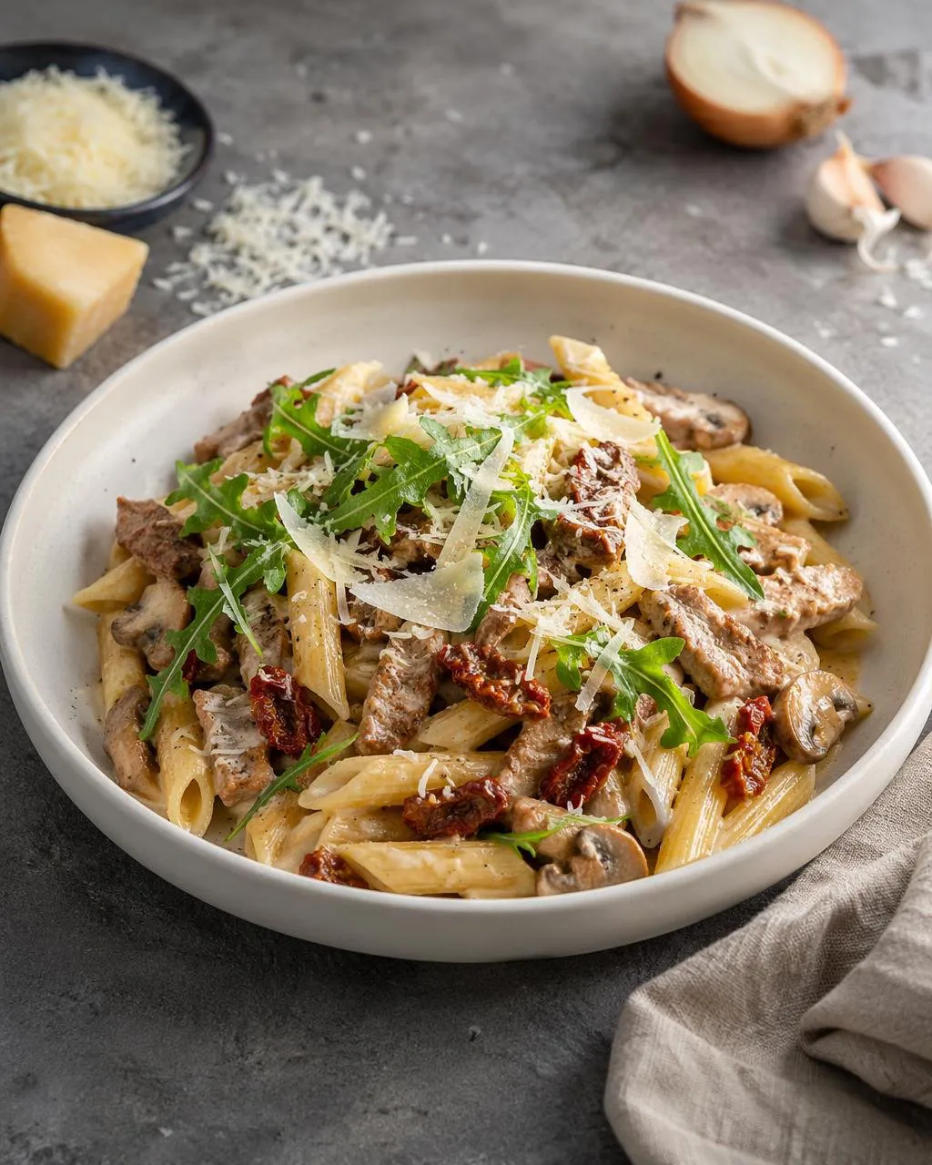 Pasta med fläskytterfilé, champinjoner och soltorkade tomater