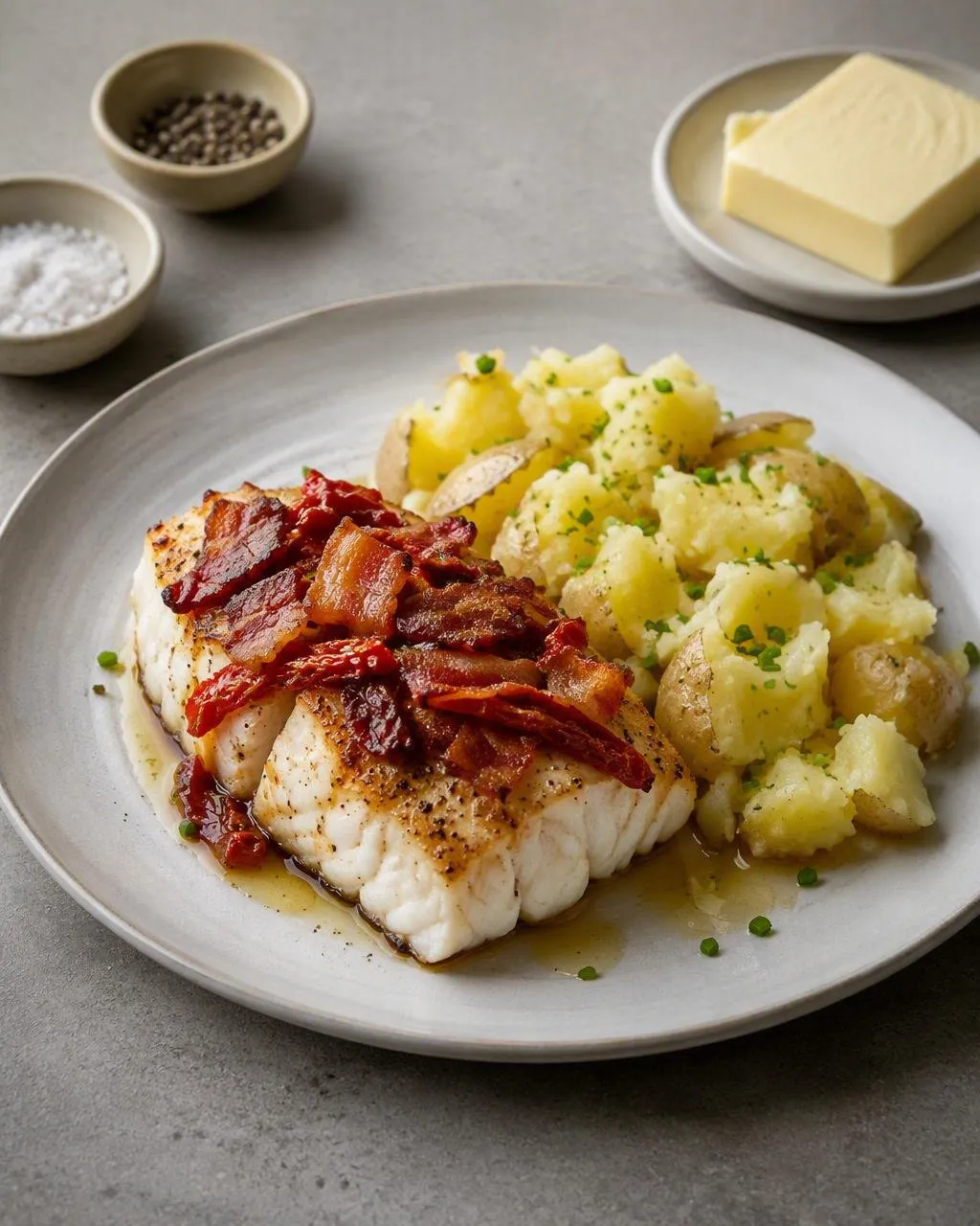 Torskrygg med bacon, soltorkade tomater och krossad potatis