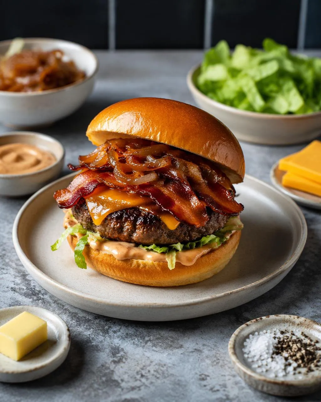 Baconburgare med karamelliserad lök