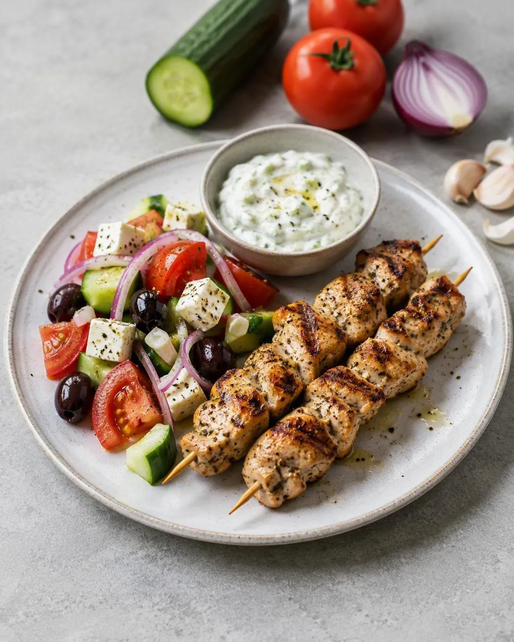 Grillade souvlakispett med grekisk sallad och tzatziki