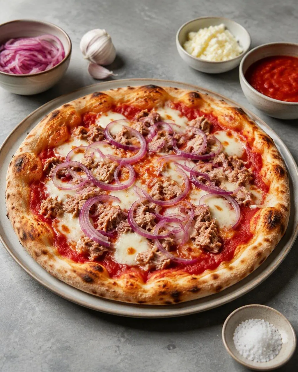 Pizza med tonfisk och rödlök